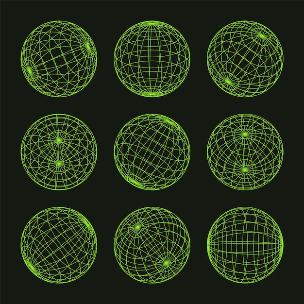 Vector wireframe shapes lined sphere perspective mesh d grid low poly geometric elements retro futuristic