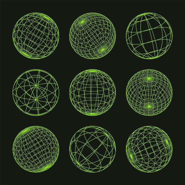 Vector wireframe shapes lined sphere perspective mesh d grid low poly geometric elements retro futuristic