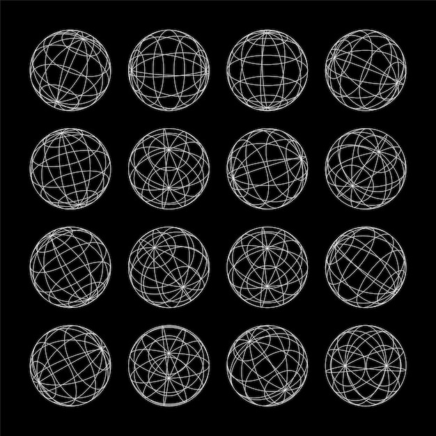 Wireframe shapes lined sphere perspective mesh d grid low poly geometric elements retro futuristic