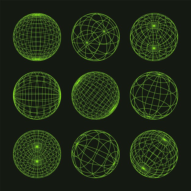 Vector wireframe shapes lined sphere perspective mesh d grid low poly geometric elements retro futuristic