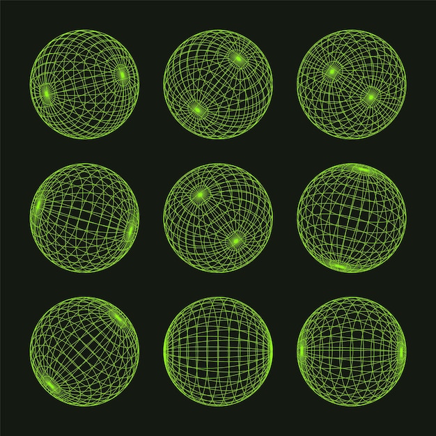 Vector wireframe shapes lined sphere perspective mesh d grid low poly geometric elements retro futuristic