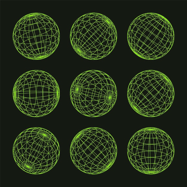 Vector wireframe shapes lined sphere perspective mesh d grid low poly geometric elements retro futuristic