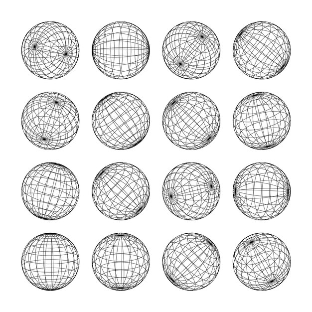 Vector wireframe shapes lined sphere perspective mesh d grid low poly geometric elements retro futuristic