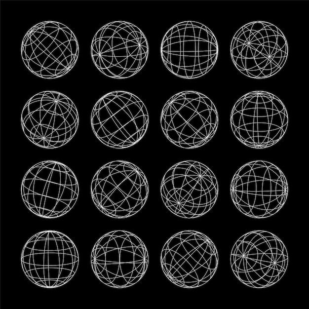 Vector wireframe shapes lined sphere perspective mesh d grid low poly geometric elements retro futuristic