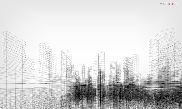 Wireframe stad achtergrond. Perspectief 3D render van het bouwen van draadframe. Vector illustratie.