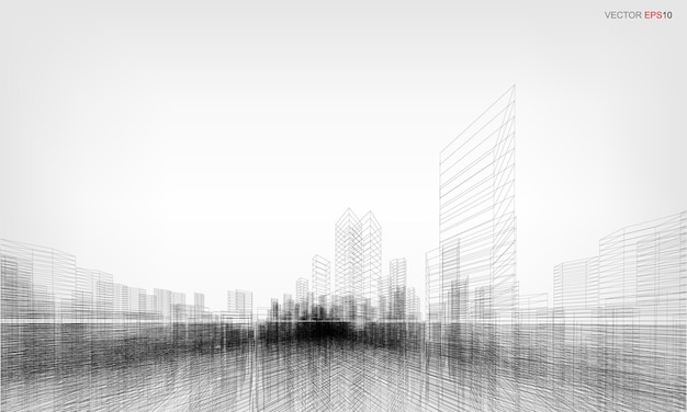 Wireframe stad achtergrond. Perspectief 3D render van het bouwen van draadframe. Vector illustratie.