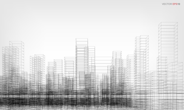 Wireframe stad achtergrond. Perspectief 3D render van het bouwen van draadframe. Vector illustratie.