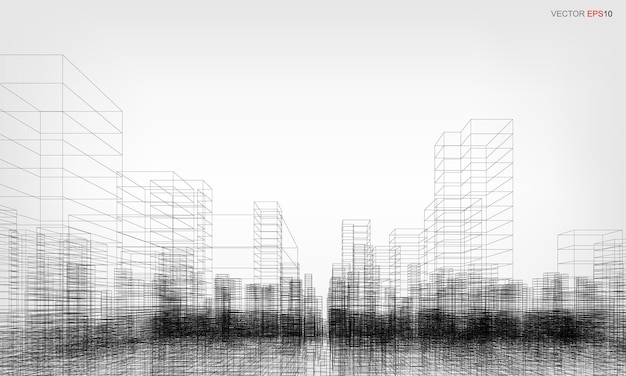 Wireframe stad achtergrond. perspectief 3d render van het bouwen van draadframe. vector illustratie.