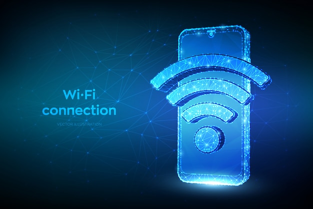 ベクトル ワイヤレス接続と無料のwifiコンセプト。 wi-fi記号で抽象的な低多角形のスマートフォン。