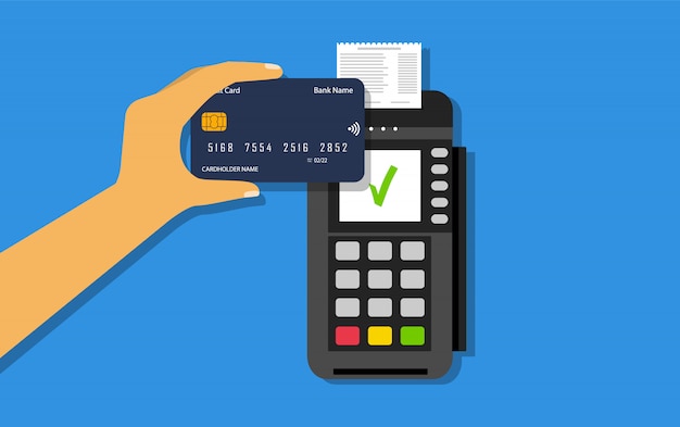 Vector wireless credit card payment. nfc payments. pos terminal and credit card in hand. flat style.