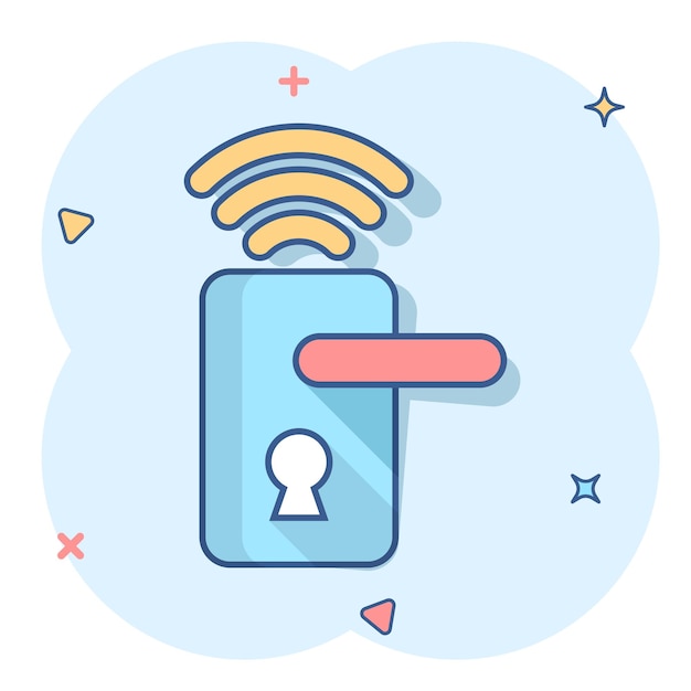 Icona del segno di blocco della porta wireless in stile fumetto illustrazione di cartoni animati vettoriali per la casa intelligente su sfondo bianco isolato effetto splash del concetto aziendale del sistema remoto