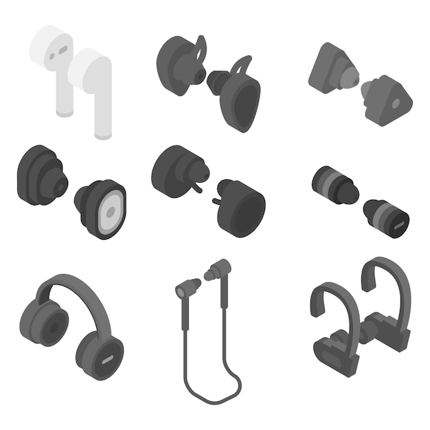 Vector wireless earbuds icons set, isometric style