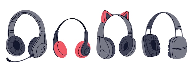 Wireless headphones Music listening audio equipment electronic music devices flat cartoon vector Illustration set