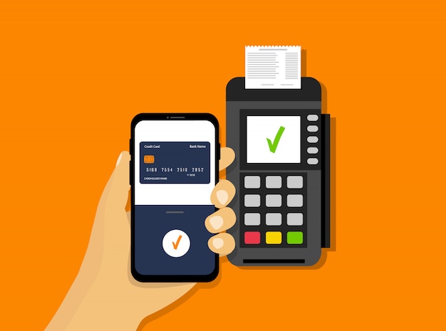 Вектор Беспроводная мобильная оплата. оплата nfc. pos терминал и смартфон в руках. плоский стиль