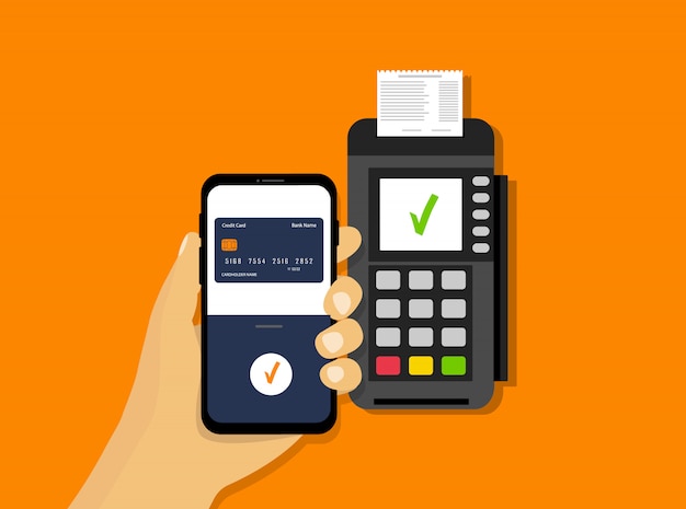 Беспроводная мобильная оплата. Оплата NFC. Pos терминал и смартфон в руках. Плоский стиль