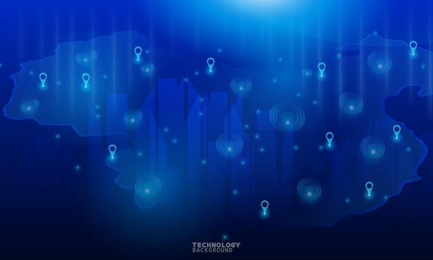 Wireless network communication, internet connection. futuristic city scape in blue tone with tech