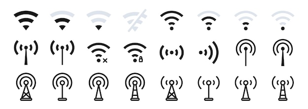 Icone della tecnologia di rete wireless simbolo della connessione a internet livello wireless e segnale wifi segno della zona wifi icone vettoriali wi-fi set di icone wifi gratuito livello del segnale wi-fi