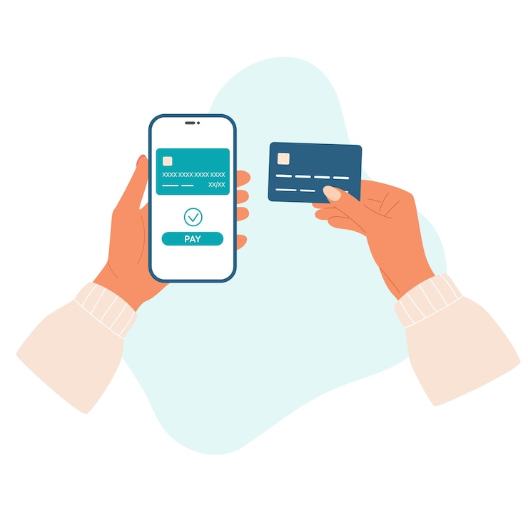Vector wireless payment by credit card hand with smartphone online shopping by phone and connected card vectorxa