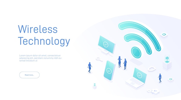 벡터 무선 기술 개념 사람들은 wi-fi 핫스팟을 사용하여 온라인 연결에서 인터넷 액세스를 얻습니다.