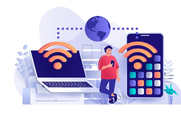 Illustrazione di concetto di design piatto di tecnologia wireless di personaggi di persone