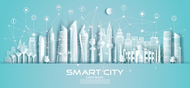 Wireless technology network communication smart city and icon in Kuwait.