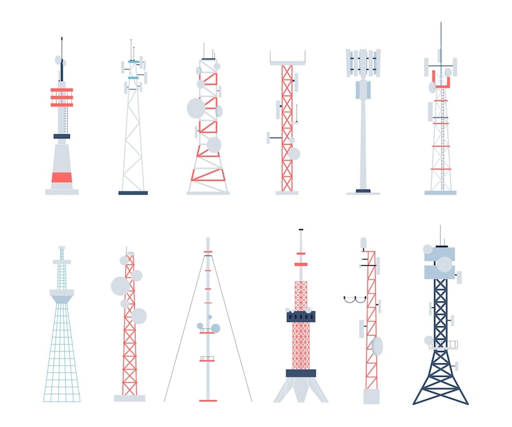 Vector wireless towers construction radio telephone tower with antenna telecoms communications equipment 4g radar flat 5g station recent vector set