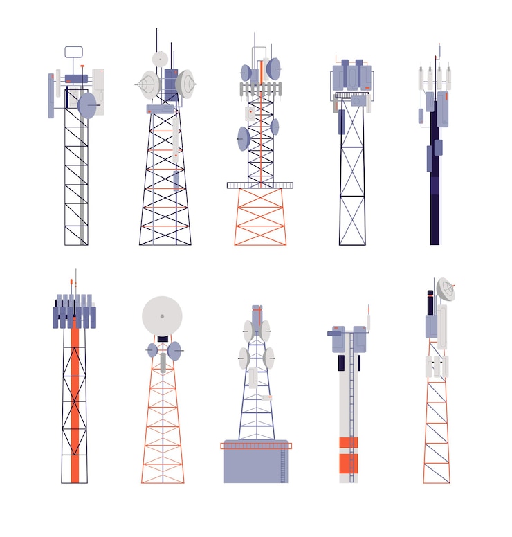 Vector wireless towers. satellite communication, isolated radio aerial or cellular equipment. antenna, telephone signal station vector illustration. antenna radio, communication equipment aerial wireless