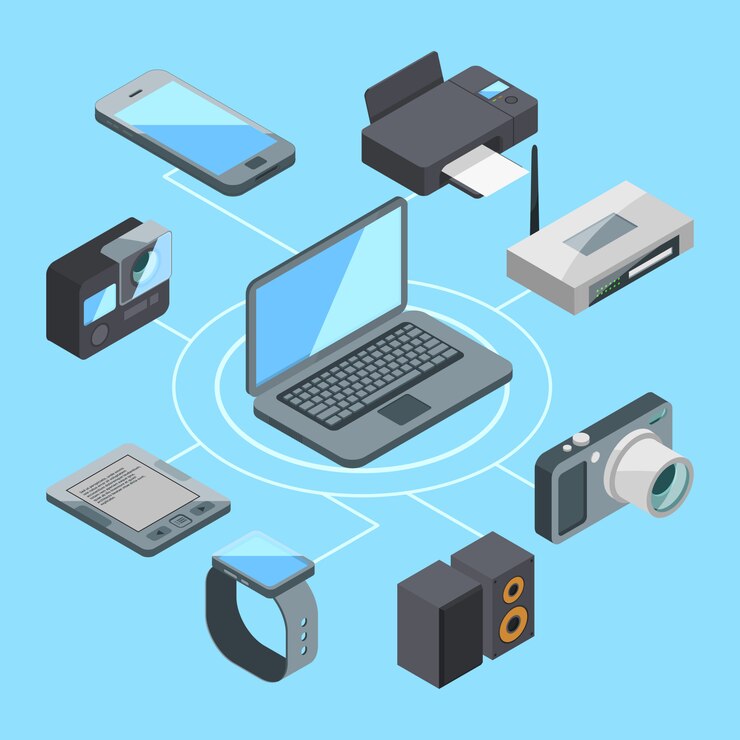 Vector wireless or wifi connection near laptop and other computer gadgets. modem and router