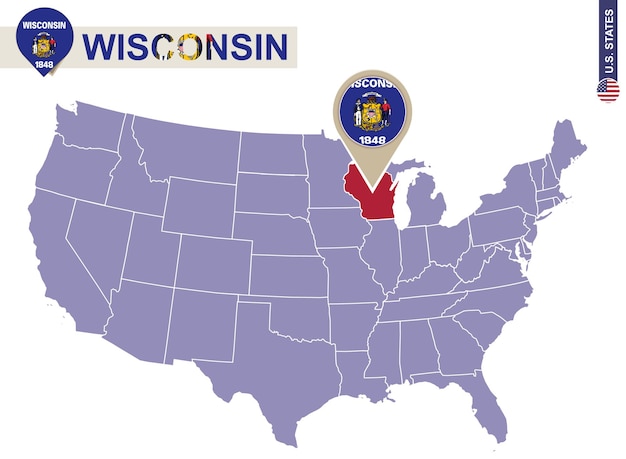 アメリカ合衆国の地図上のウィスコンシン州。ウィスコンシンの旗と地図。米国の州。