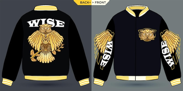 Vector wise golden owl visualized with a jacket mock up