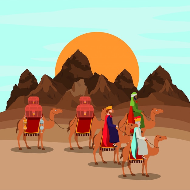 Vector wise men traveling in the desert christmas scene