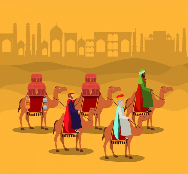 Vector wise men traveling in the desert christmas scene