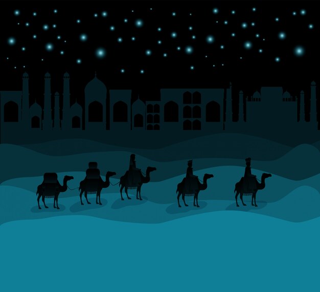 Vector wise men traveling in the desert christmas scene