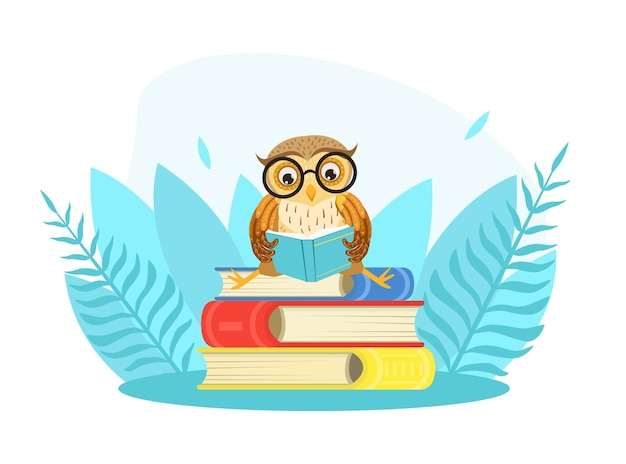 Wise owl bird character in glasses sitting on pile of books back to school concept cartoon style vector illustration