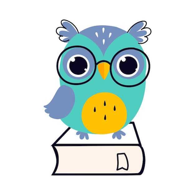 Wise owl in glasses sitting on book cute bird teacher cartoon character vector illustration