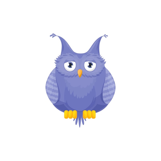 Мудрая сова изолированная фиолетовая умная птица плоский мультфильм Вектор красочный пернатый длинноухий орел с большими глазами с крючковатым клювом Летающий совенок лучший учитель награда Милый совенок детское игрушечное животное