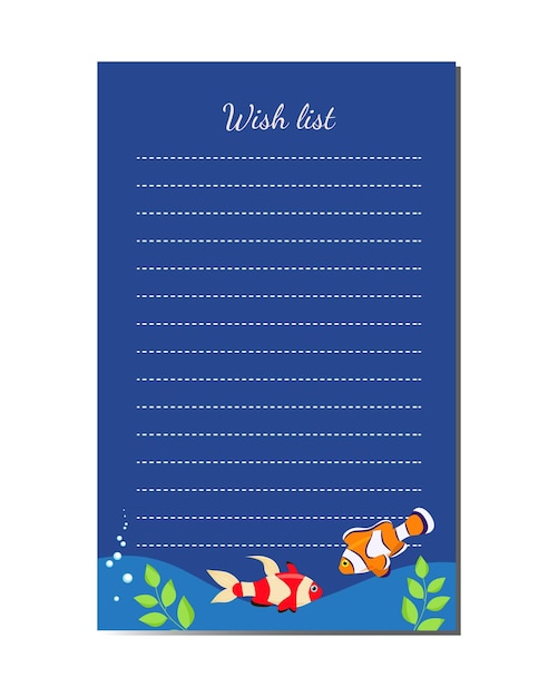 Vector wish list marine design exotic fish printable organizer page template diary page vector template