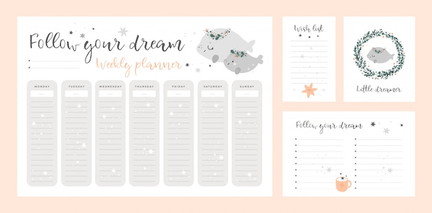 Vector wish list template, card, weekly planner page with cute baby animals. set of stationery digital prints