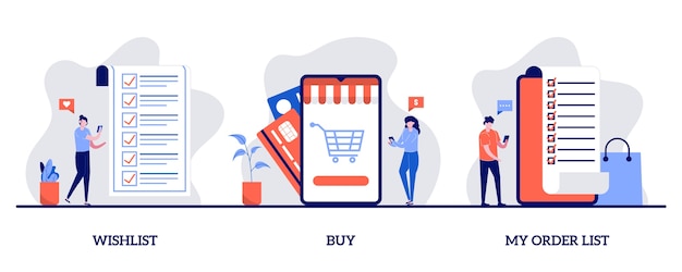 ウィッシュリスト、購入、小さなキャラクターとeコマースクリップアートを使用した注文リストのコンセプト