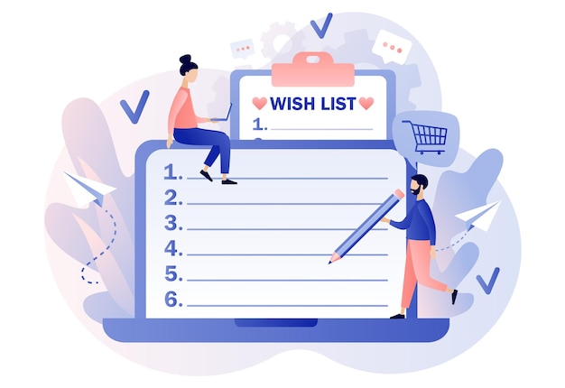 Wishlist online gift and shopping list tiny people writing down wishes on laptop