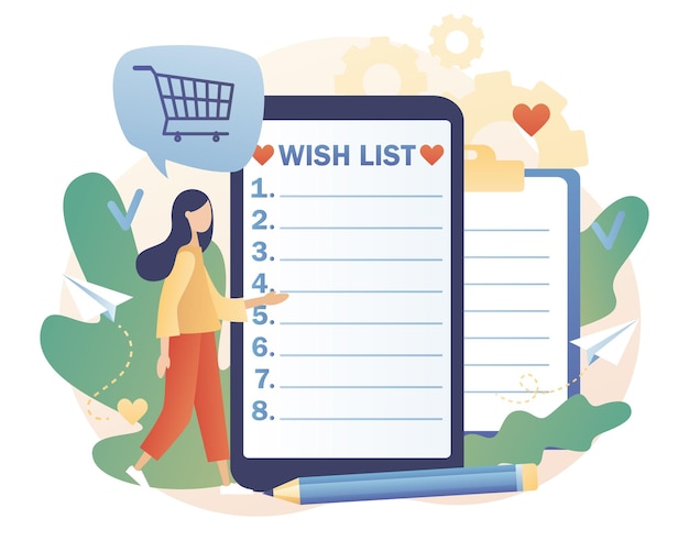 Vector wishlist in smartphone app. personal favourites list. gift and shopping list. tiny woman writing