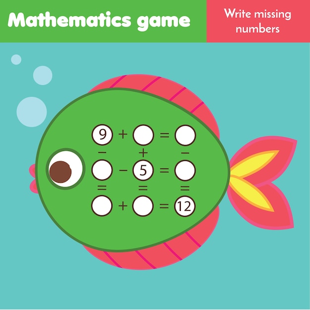 Vector wiskunde educatief spel voor kinderen math kruiswoordraadsel schrijven ontbrekende getallen vergelijkingen puzzel voor pre-school kinderen