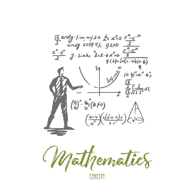 Wiskunde, onderwijs, wetenschap, school, studieconcept. hand getrokken wetenschapper en wiskundige formule concept schets.