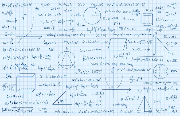 Wiskunde theorie en wiskundige formule Handgeschreven symbolen geïsoleerd op blauwe achtergrond met handgetekende formules gebruikt voor schoolonderwijs en papierwerk Vector illustratie