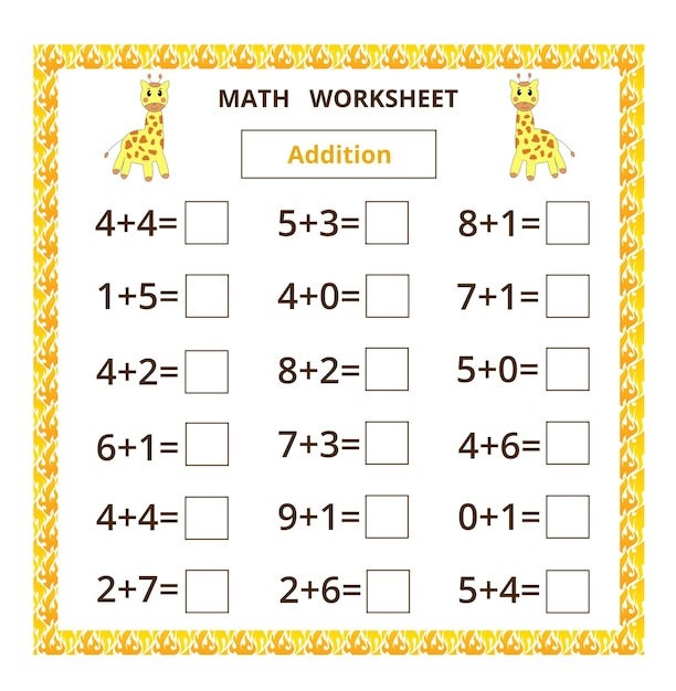Wiskunde-werkblad toevoeging educatieve kaart met cartoongiraf voor kinderen