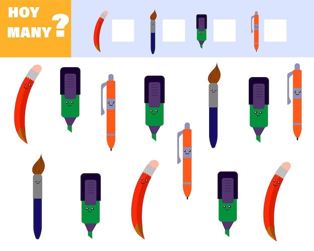 Wiskundespel voor kinderen Tel hoeveel items Tel hoeveel leuke cartoon schoolvakken Vector