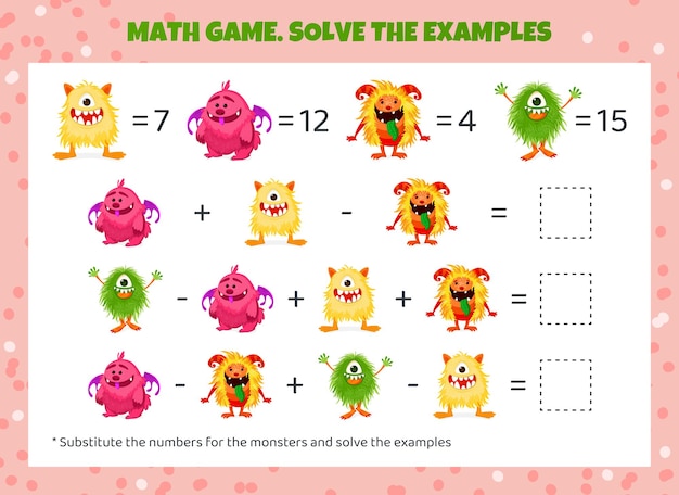 Wiskundespel voor kinderen Vervang de monsters door getallen en los het rekenblad met voorbeelden op