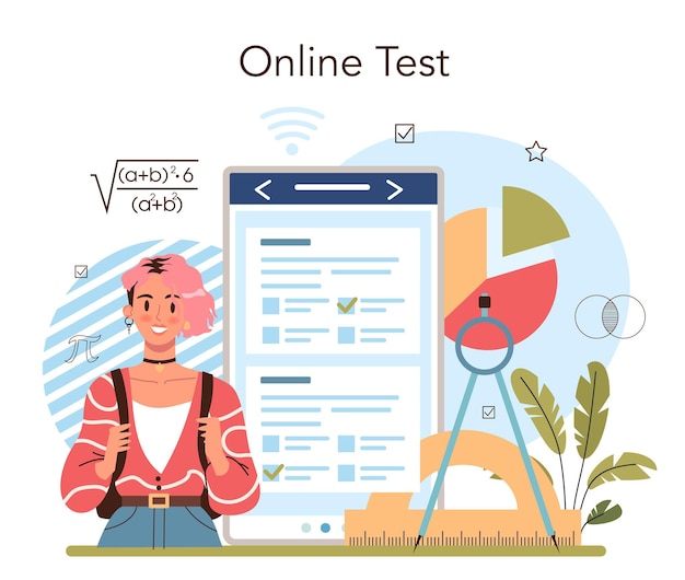 Wiskundevak online service of platform. studenten die wiskunde en algebra studeren. wetenschappelijk en technisch onderwijs. online-test. platte vectorillustratie