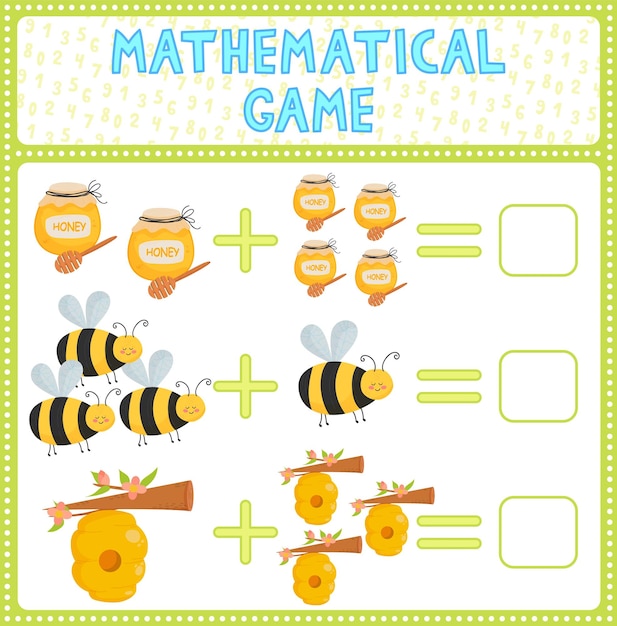 Wiskundig telspel voor kinderen kun jij dit oplossen grappig raadselentertainment voor kinderen vind het juiste antwoord wiskunde vectoractiviteitspagina en spel matching-taak met honingbijbijenkorf
