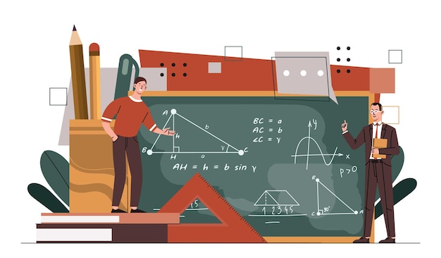 Vector wiskundige bij het krijtbord twee mannen bij het zwartbord met formules lezing in het universitair onderwijs